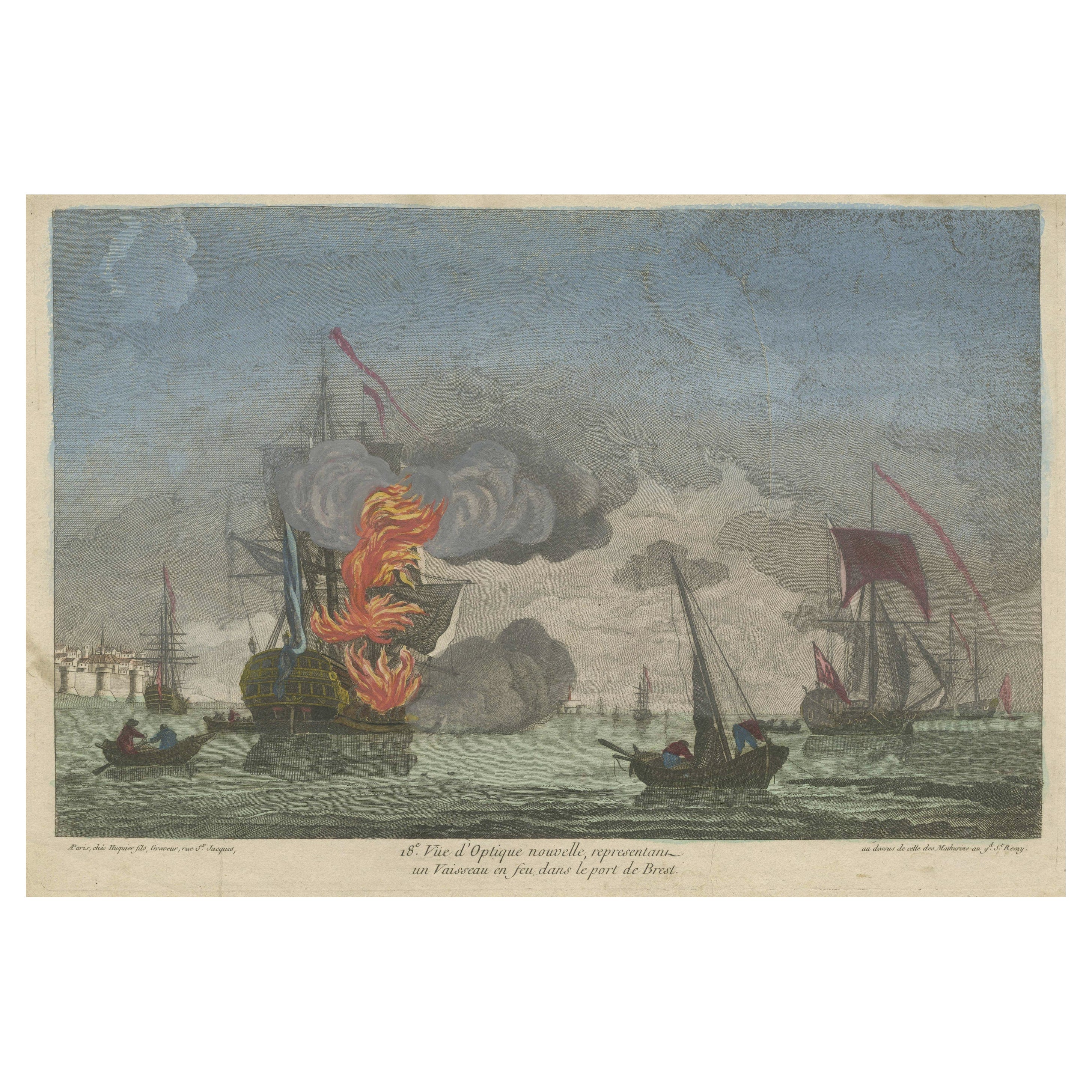 Original Antiker antiker Optica-Druck eines Schiffes auf Feuer im französischen Hafen von Brest