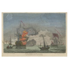 Impresión Óptica Antigua Original de un Barco en Llamas en el Puerto Francés de Brest