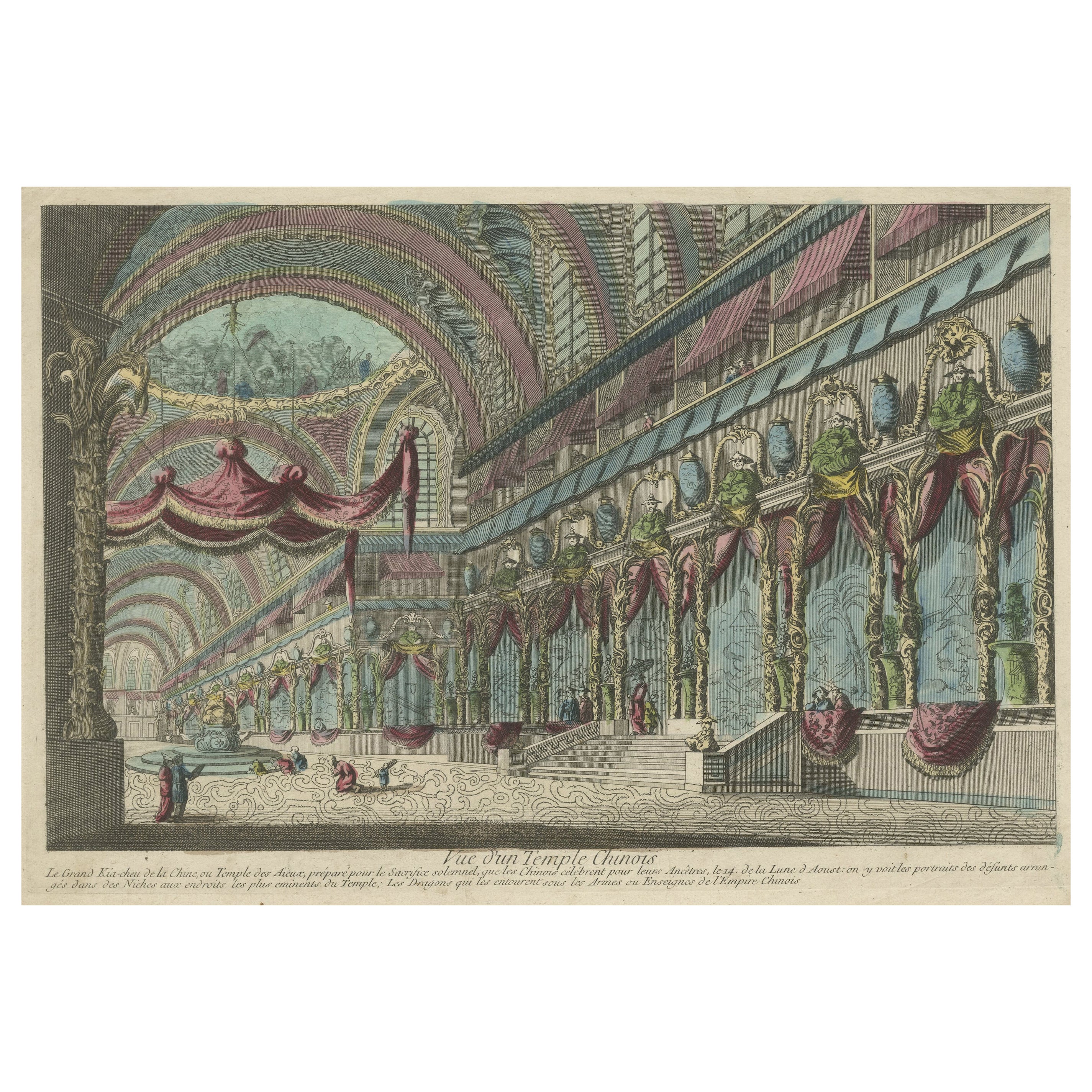 Handcolored Copperplate Engraving Showing a Perspective View of a Chinese Temple For Sale
