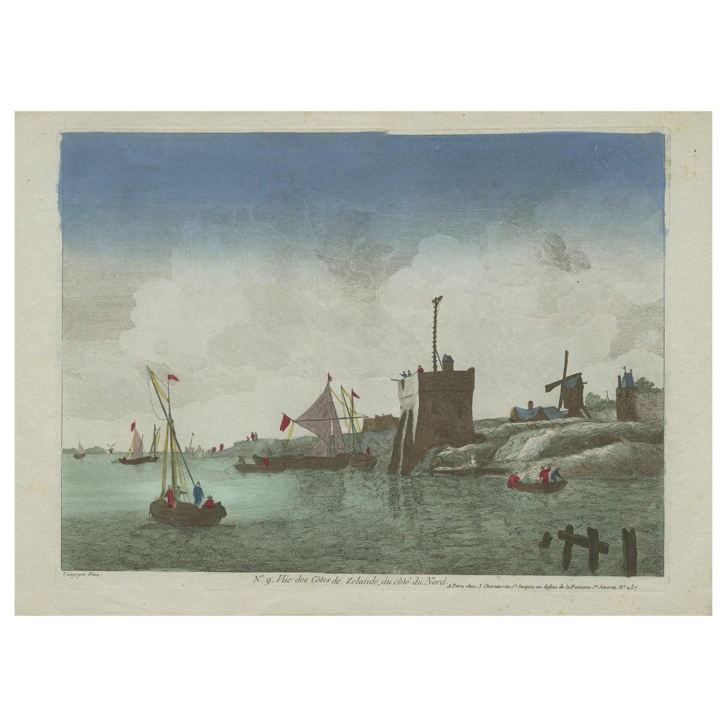 Original Hand-Colored Optica View of the Coast of Zeeland, The Netherlands For Sale