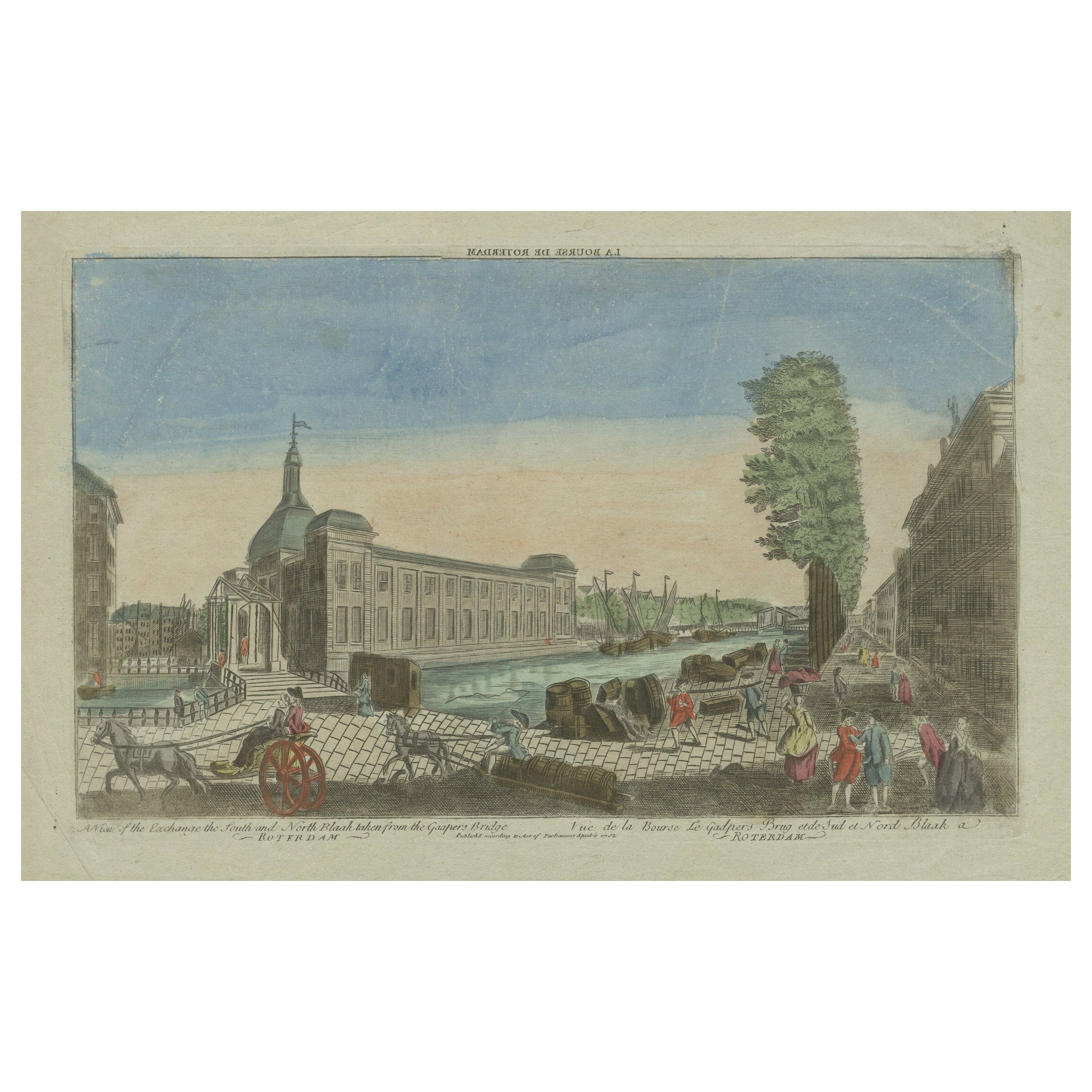 Rare Old Hand-Colored Optica Print of the Blaak in Rotterdam, the Netherlands
