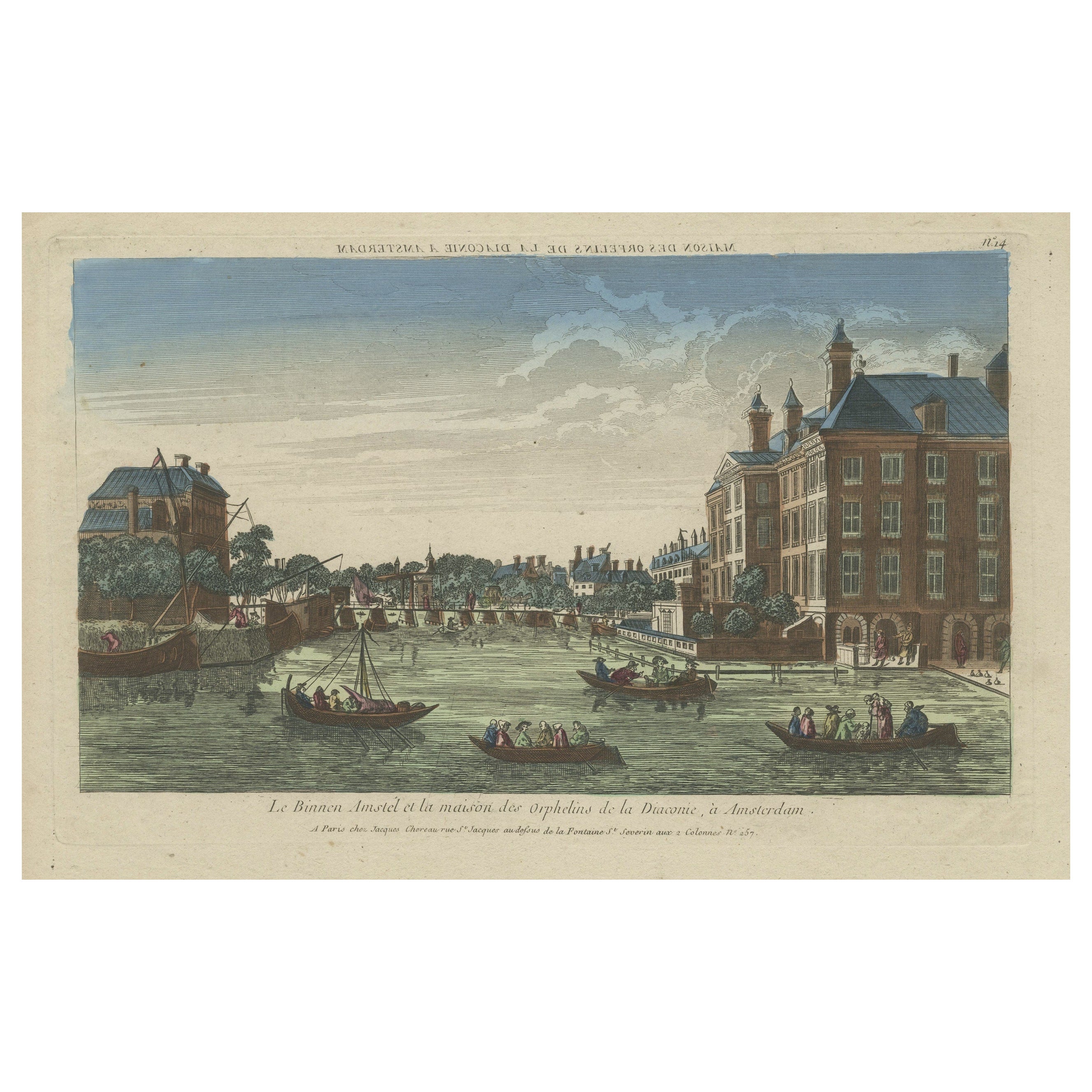 Original Antique Optica Engraving of the Amstel Area in Amsterdam, Holland For Sale