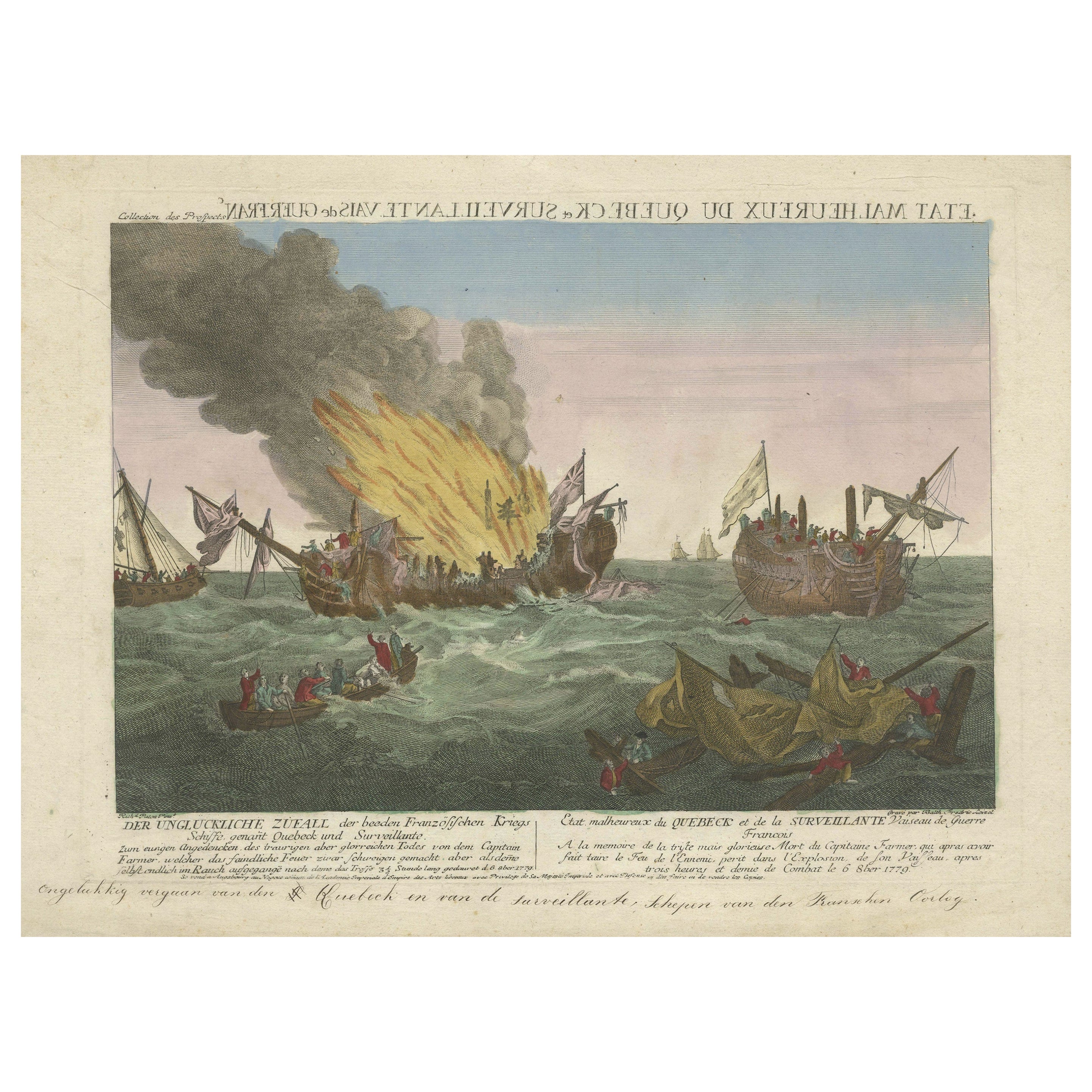 Rare gravure d'une célèbre bataille près d'un Ushant entre les Français et les Britanniques en vente