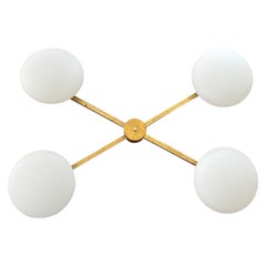 Four Arms Radial Ceiling Light Made of Brass and Glass, Italian Mid- Century 