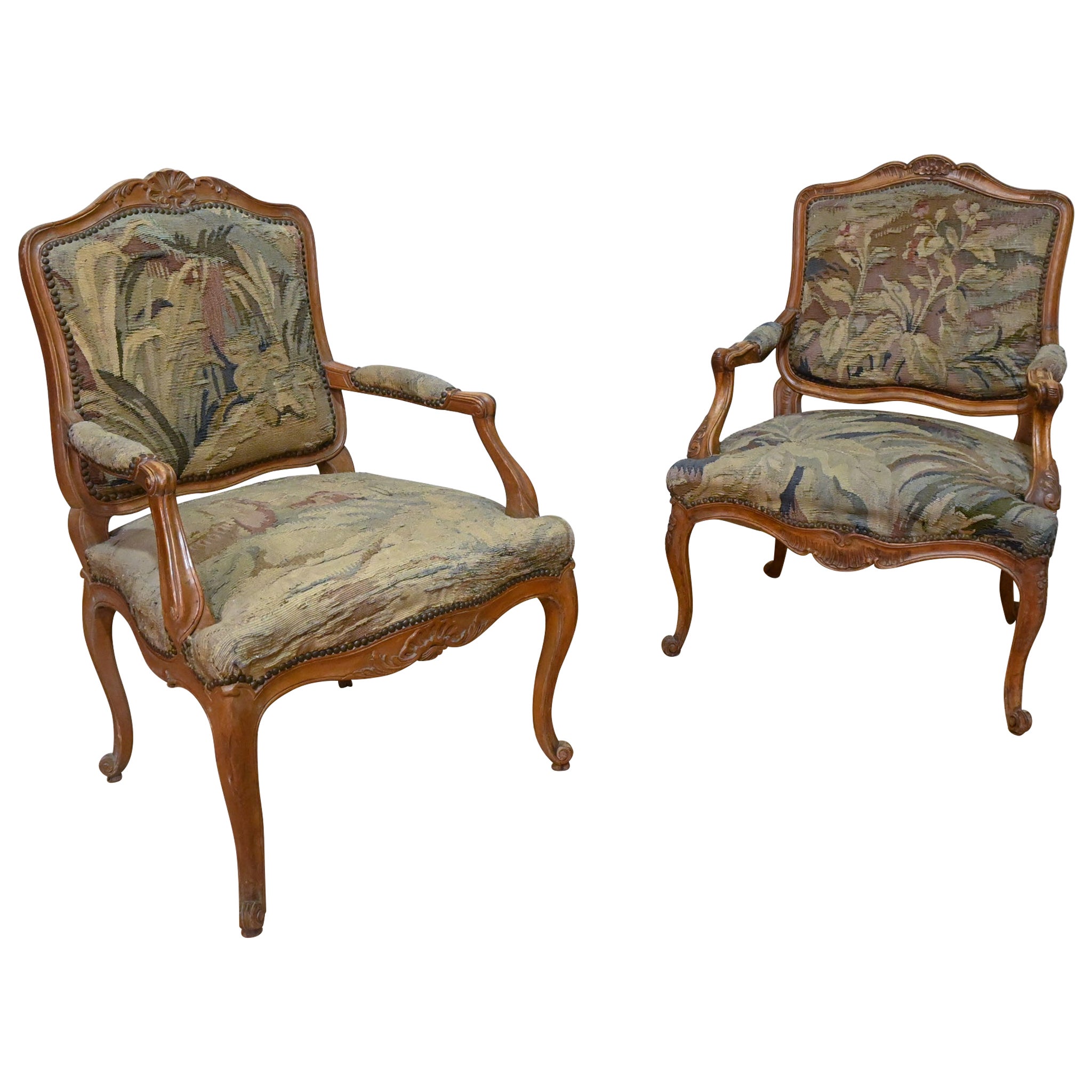 A Near Pair 19th Century French Louis XV Fauteuils Open Armchairs - Tapestry For Sale
