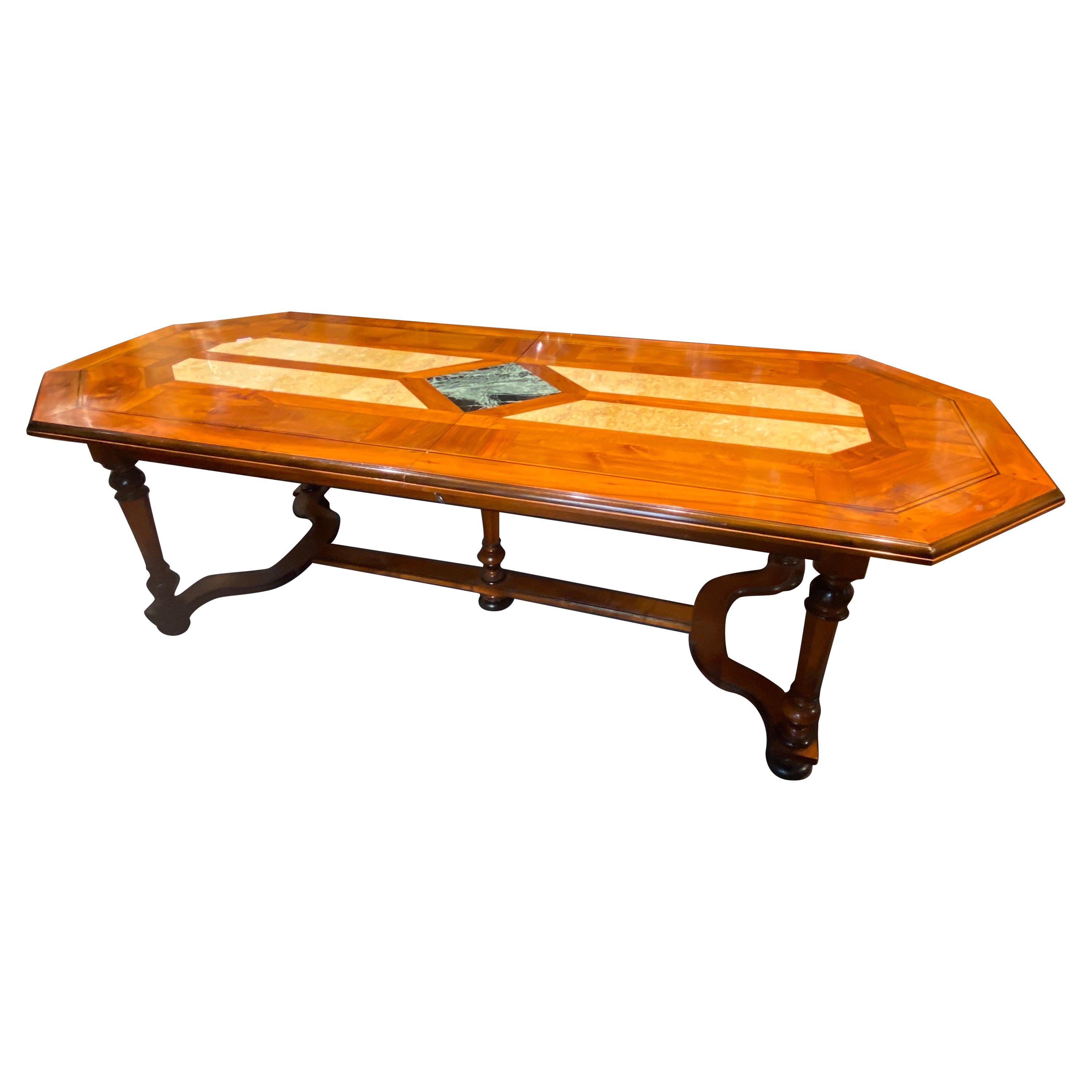 20th Century French Large Walnut Extendable Dining Table with Marble Decoration For Sale