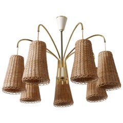 Exceptional Seven-Armed Rattan Brass Chandelier or Pendant Lamp Sweden 1960s