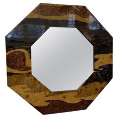 French Octagonal 1970s Burl Lacquer Wall Mirror by Jean Claude Mahey 