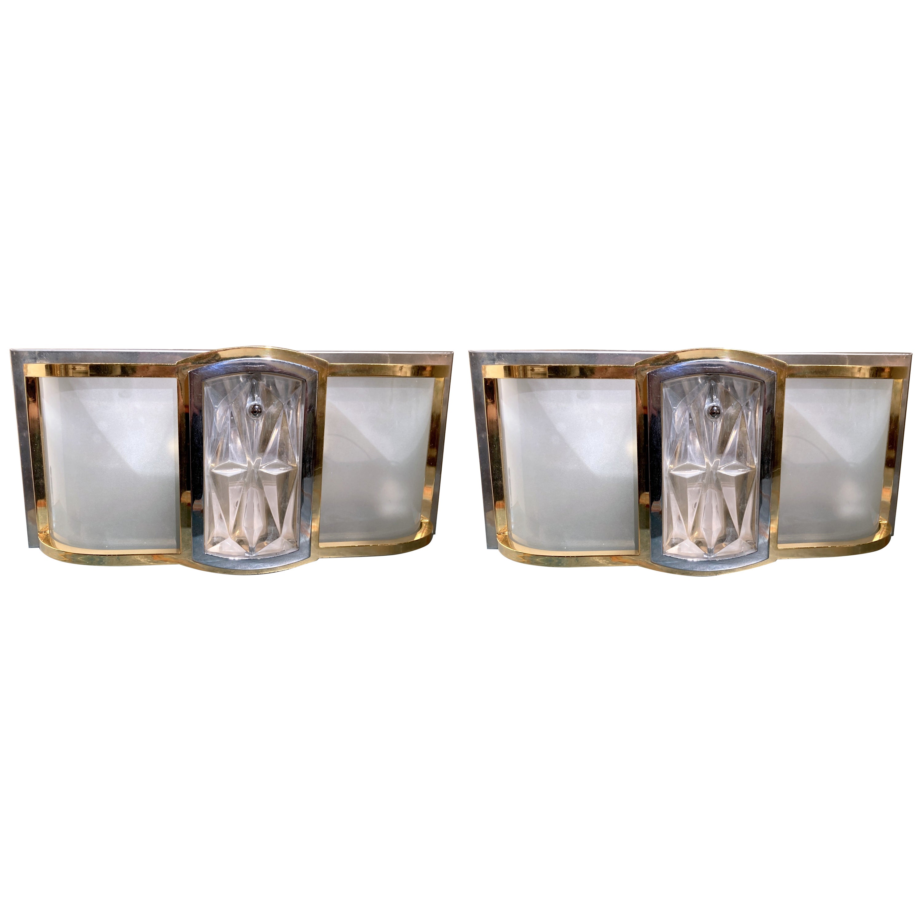 Italian Mid Century Modern Brass, Chrome, Frosted Glass Two Lights Wall Sconces For Sale