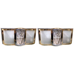 Vintage Italian Mid Century Modern Brass, Chrome, Frosted Glass Two Lights Wall Sconces