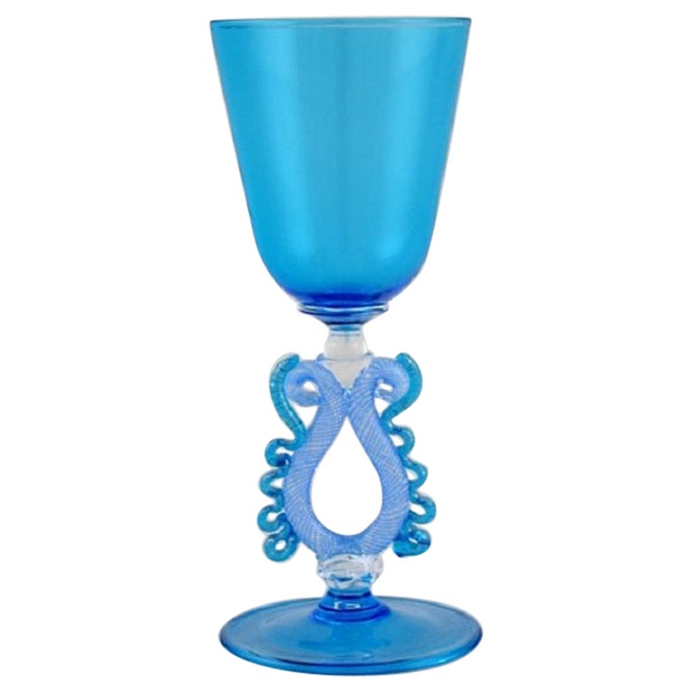 Barovier and Toso, Venice.  Rare wine glass in light blue mouth-blown art glass.