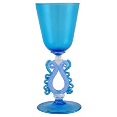 Barovier and Toso, Venice.  Rare wine glass in light blue mouth-blown art glass.