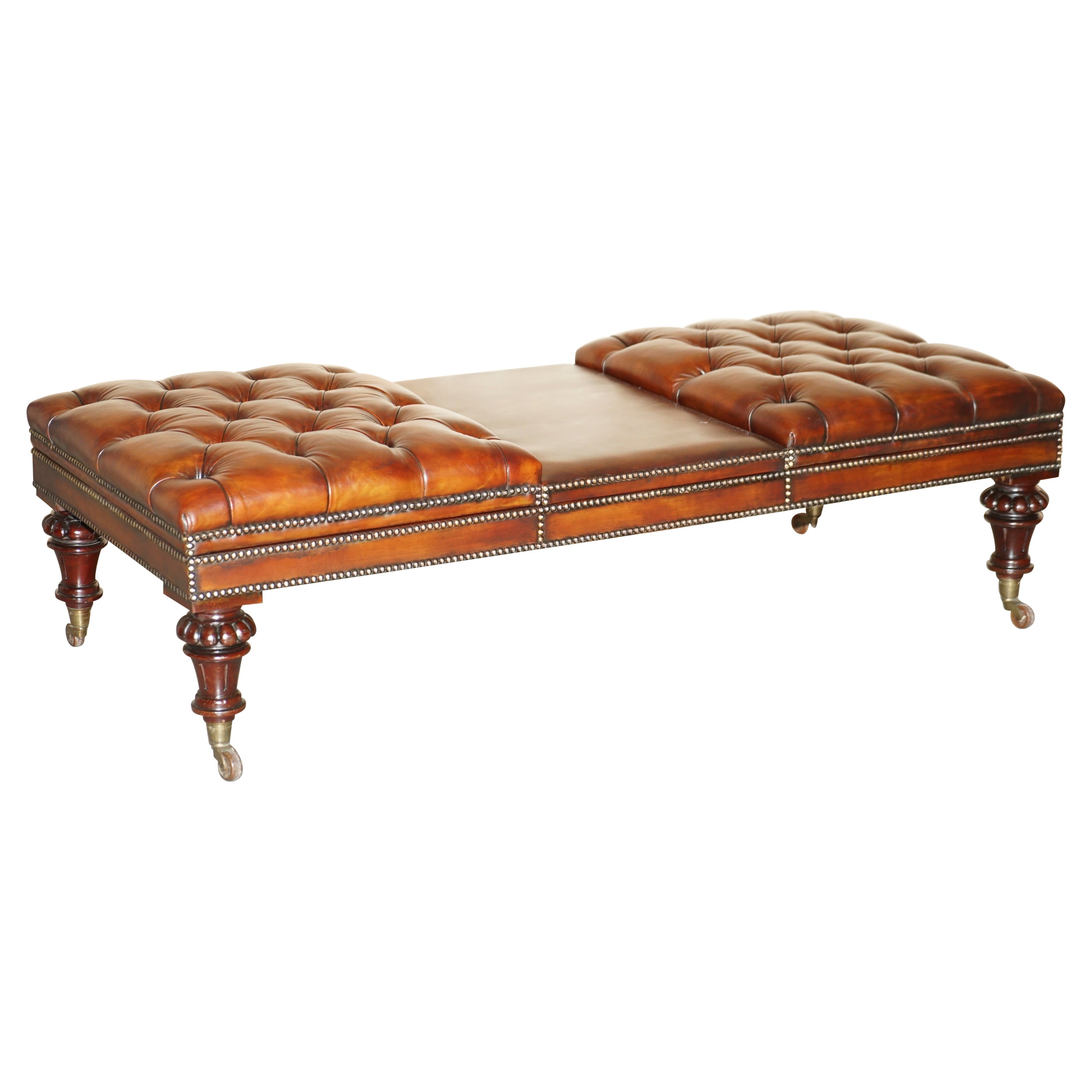 RESTORED WILLIAM IV CIRCA 1830 CHESTERFiELD BROWN LEATHER OTTOMAN FOOTSTOOL