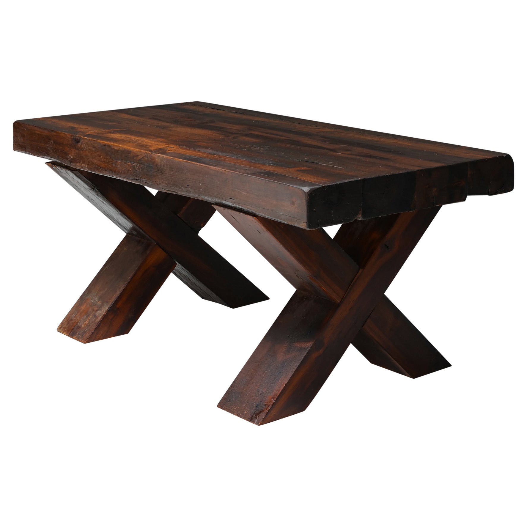 Rustic Brutalist Dark Wooden Dining Table with X-Legs, Italy, 1940's For Sale