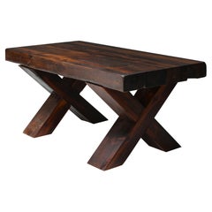 Vintage Rustic Brutalist Dark Wooden Dining Table with X-Legs, Italy, 1940's