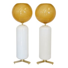 Vintage Alberto Donà Mid-Century Modern White Amber Two Murano Glass Table Lamps