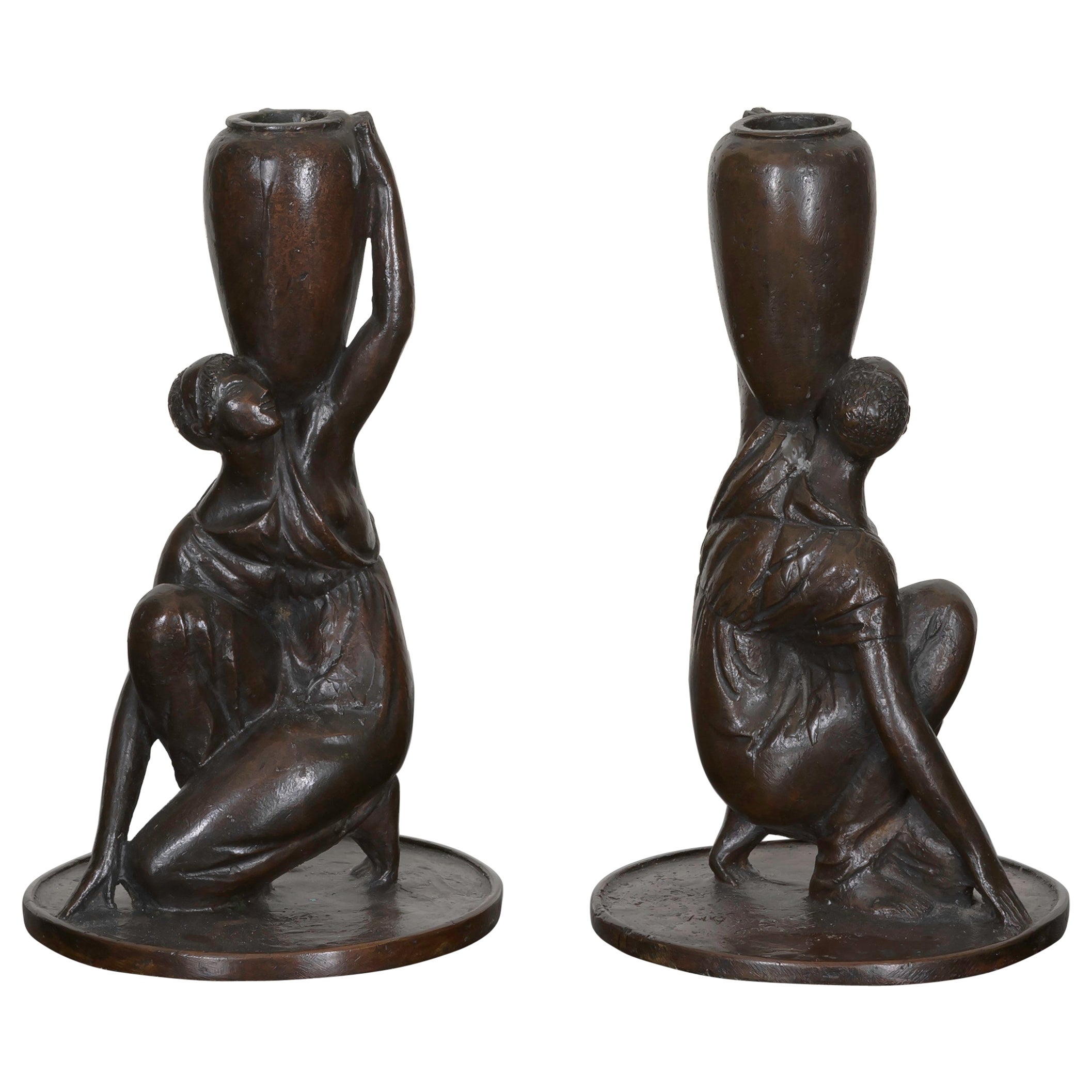 Two Sculptural Bronze Candlesticks by Cecil de Blaquiere Howard, Dated 1919 For Sale