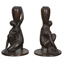 Two Sculptural Bronze Candlesticks by Cecil de Blaquiere Howard, Dated 1919