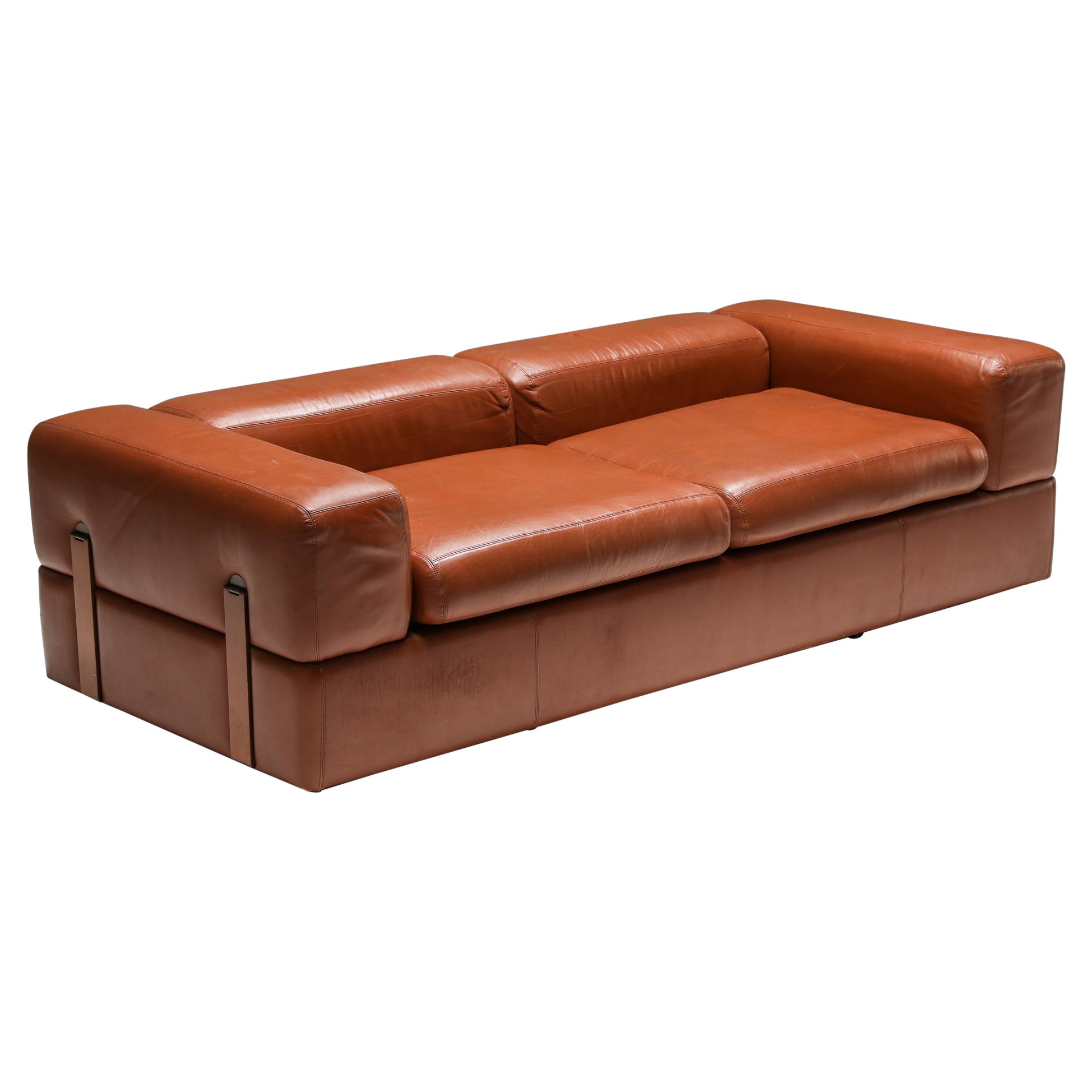 Postmodern Two-Seater Sofa by Tito Agnoli for Cinova in Cognac Leather, 1960's
