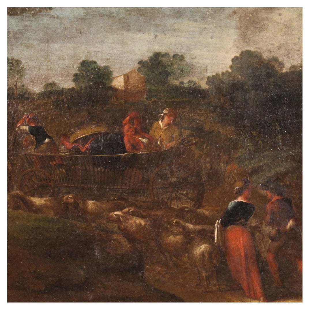 Huile sur toile italienne du 18ème siècle - Peinture de paysage ancien - Scène pastorale