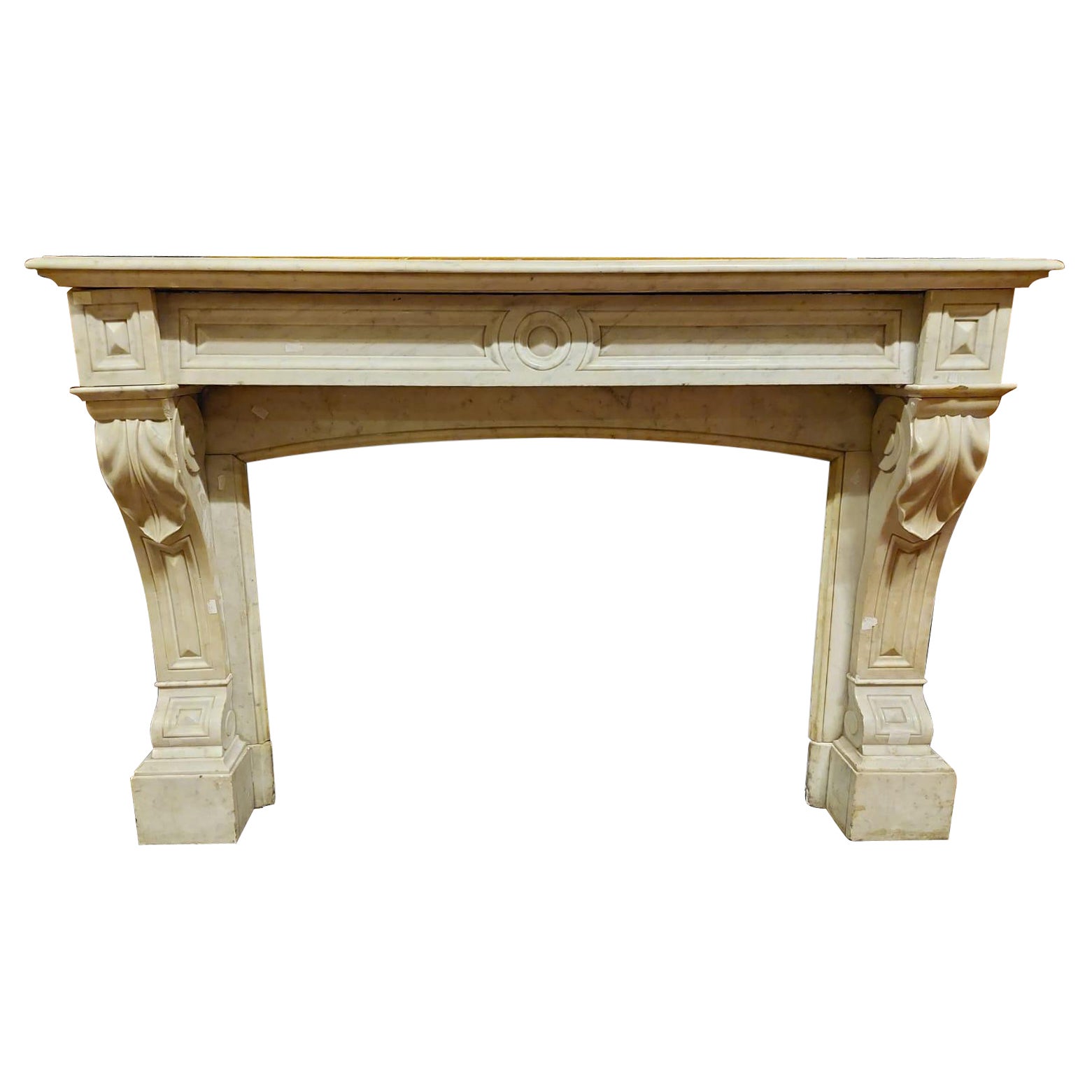 Mantel fireplace, carved in white Carrara marble, 19th century France For Sale