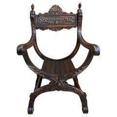 Antique 19th Century French Dagobert Arm Chair Carved Oak Curule Throne Renaissance