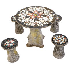 Vintage Concrete Garden Dining Set, with Tops of Mosaic Shards, Indoor and Garden Use