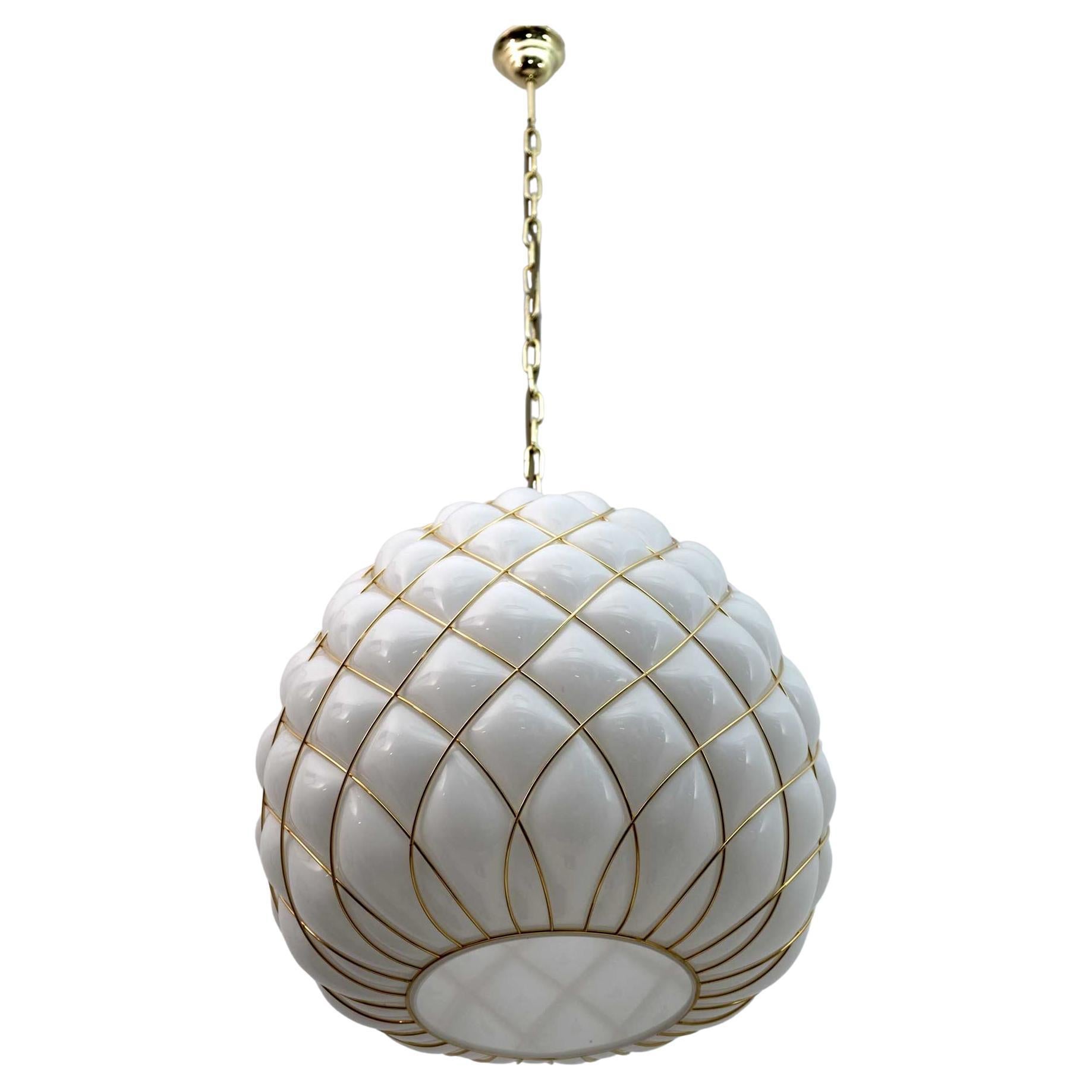 Modern Brass and Caged Murano Glass Large Pendant Lamp Fontana Arte Style For Sale