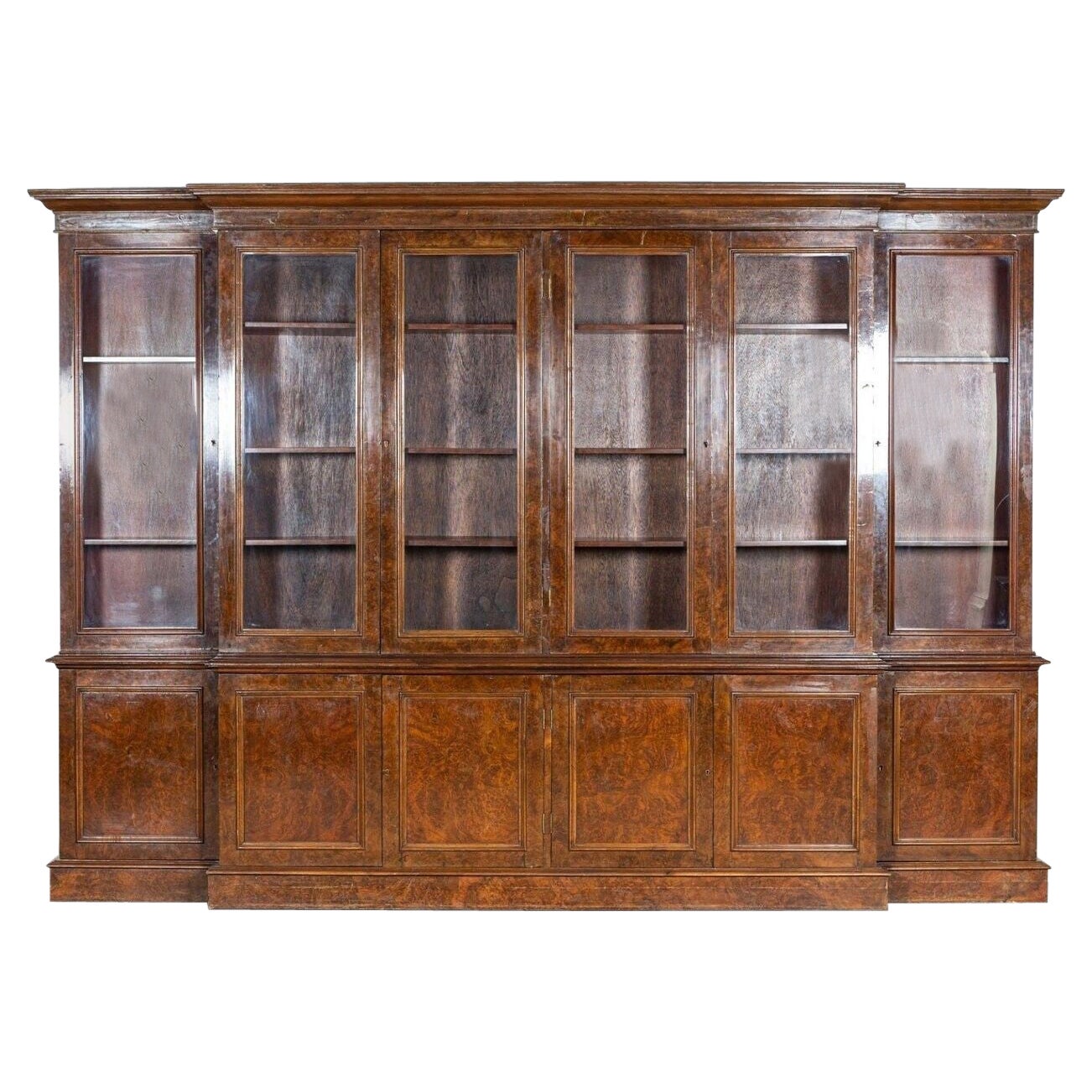 Monumental English Burr Walnut Breakfront Bookcase For Sale