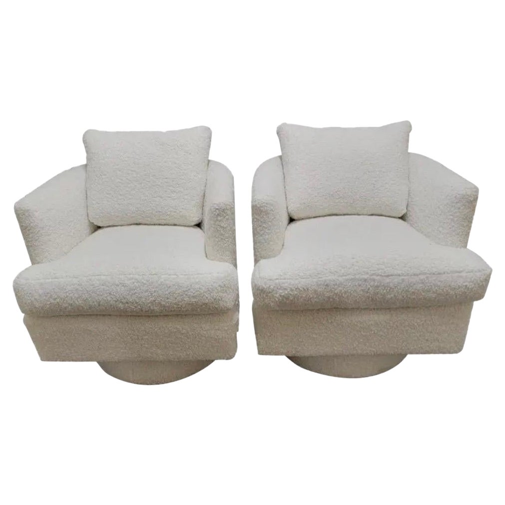 Pair of Mid Century Modern 1970s Drexel Swivel Chairs in New Boucle Fabric For Sale