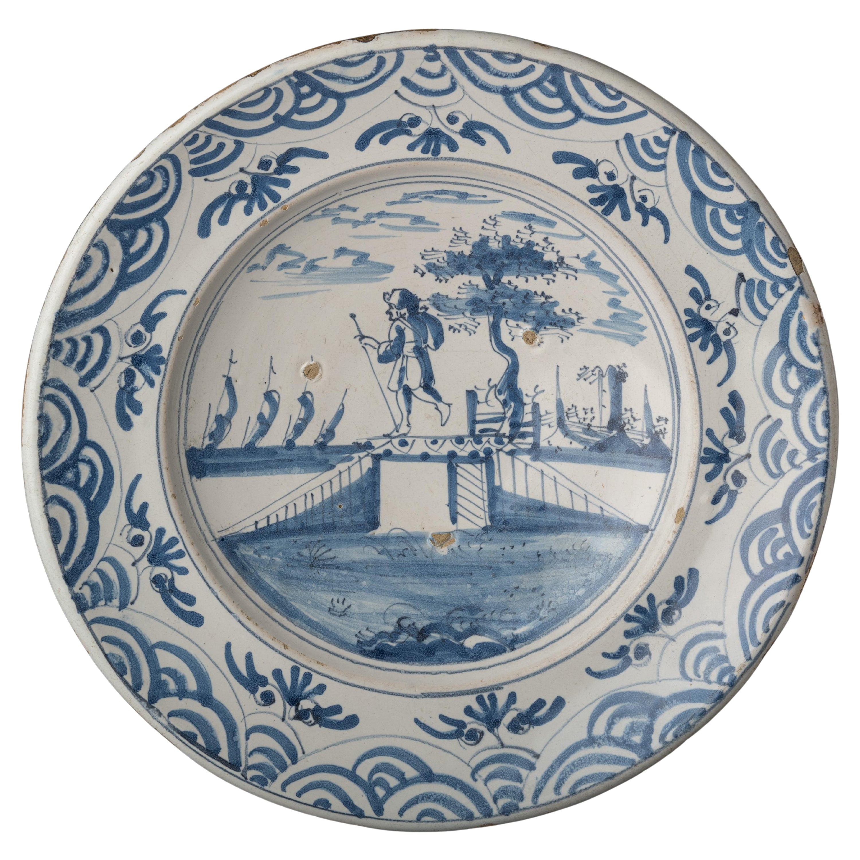 Blue and White Charger with a Shepherd in a Landscape Delft, 1670-1700 For Sale