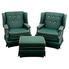 Pair of Upholstered Club Chairs and Ottoman