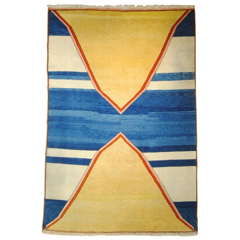 20th Century Yellow Blue and White Turkish Abstract Vintage Rug, ca 1970 For Sale at 1stDibs