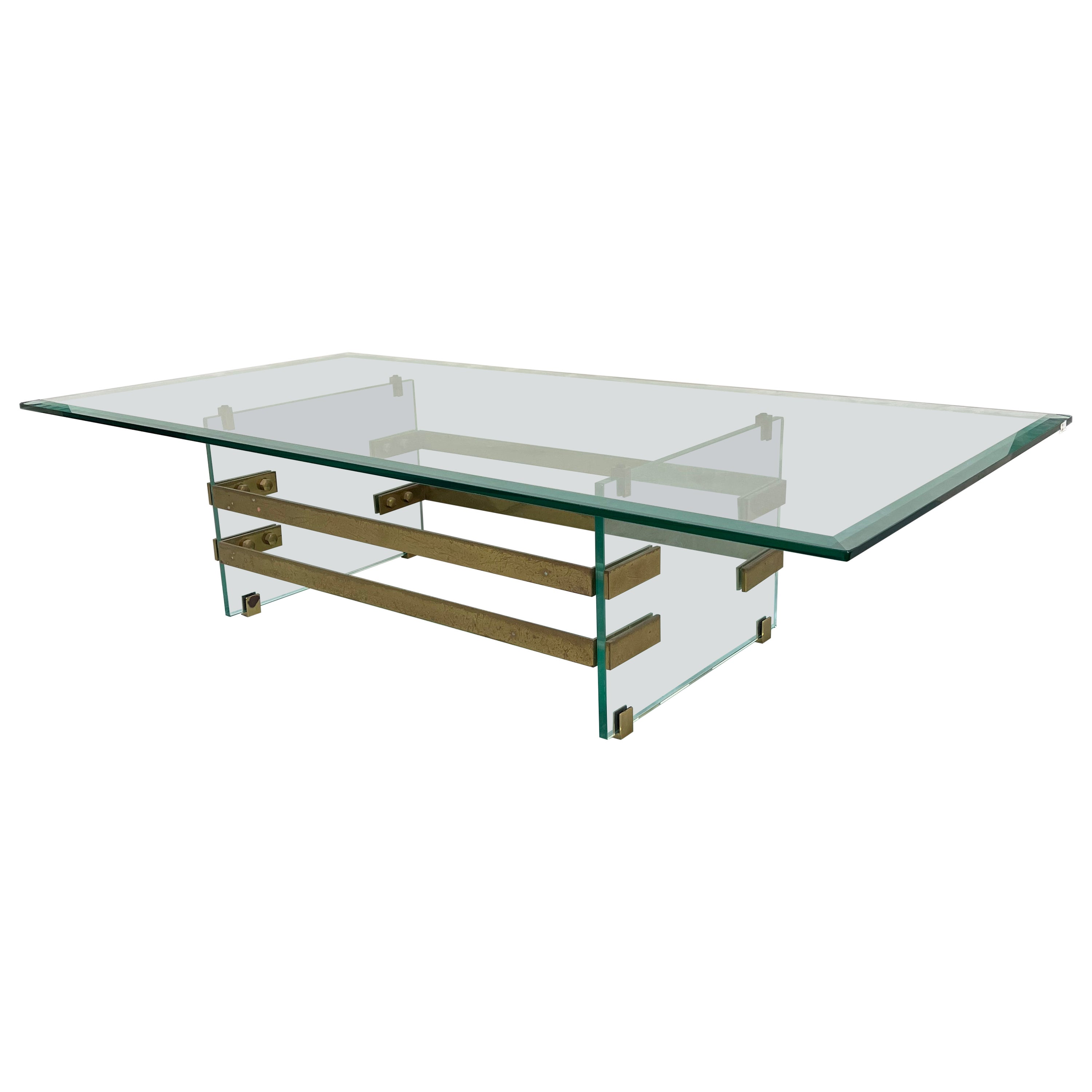 Mid-Century Fontana Arte Attributed Glass and Brass Coffee Table, Italy, 1970s For Sale