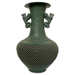 Vintage Korean Goryeo Maebyeong Style Reticulated Celadon Vase