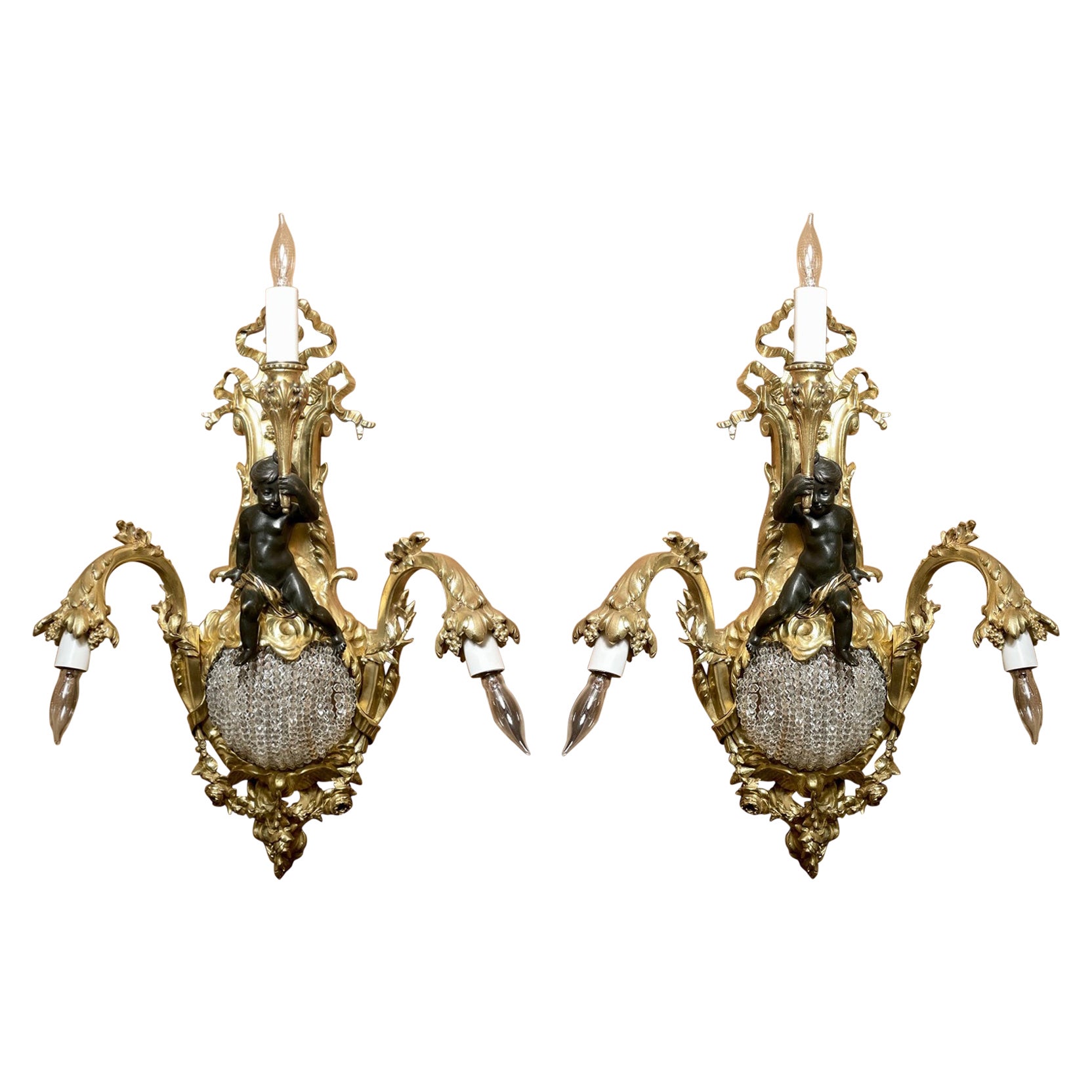 Pair Antique French Belle Époque Gold Bronze & Cut Crystal Sconces, Circa 1870's For Sale
