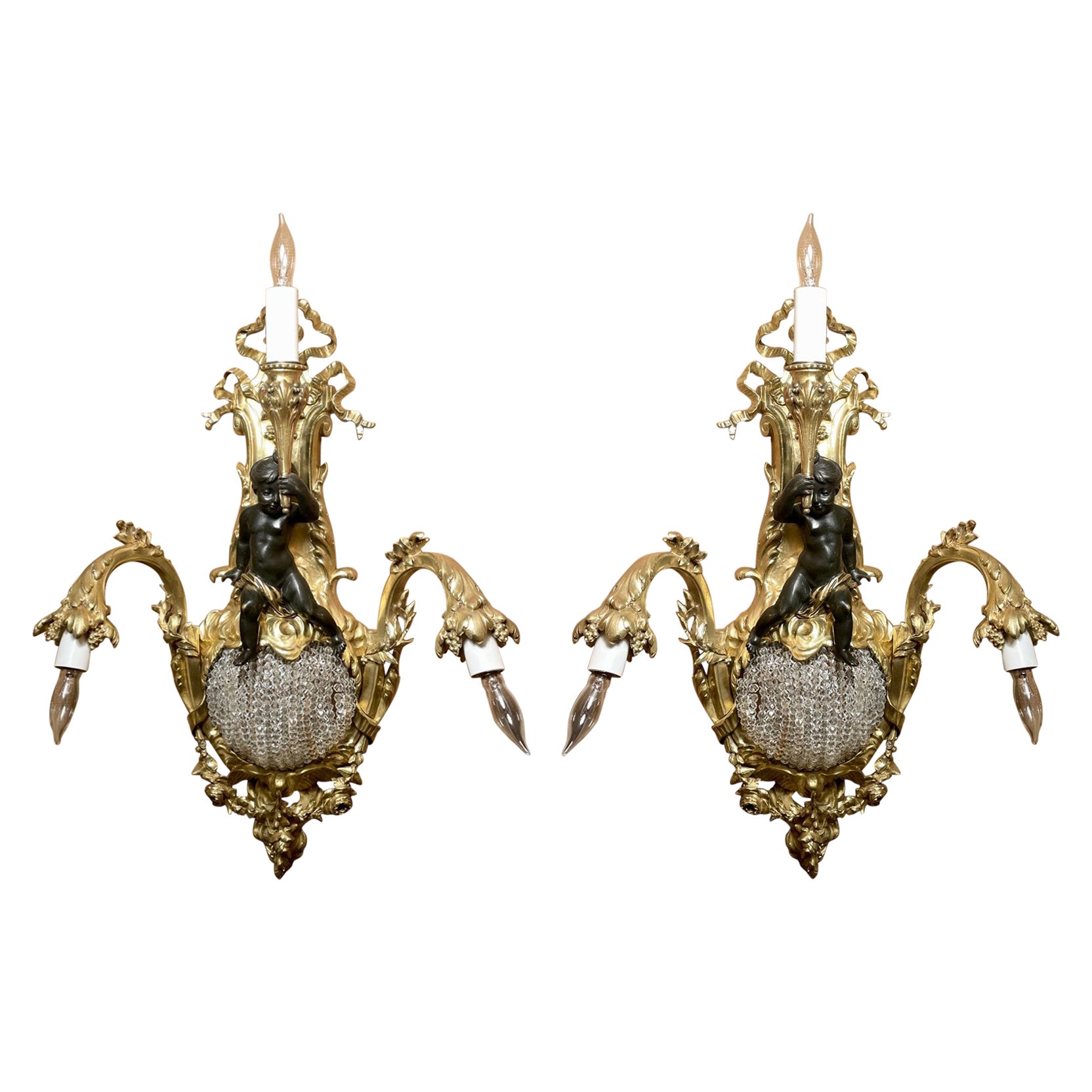 Pair Antique French Belle Époque Gold Bronze & Cut Crystal Sconces, Circa 1870's