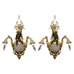 Pair Antique French Belle Époque Gold Bronze & Cut Crystal Sconces, Circa 1870's