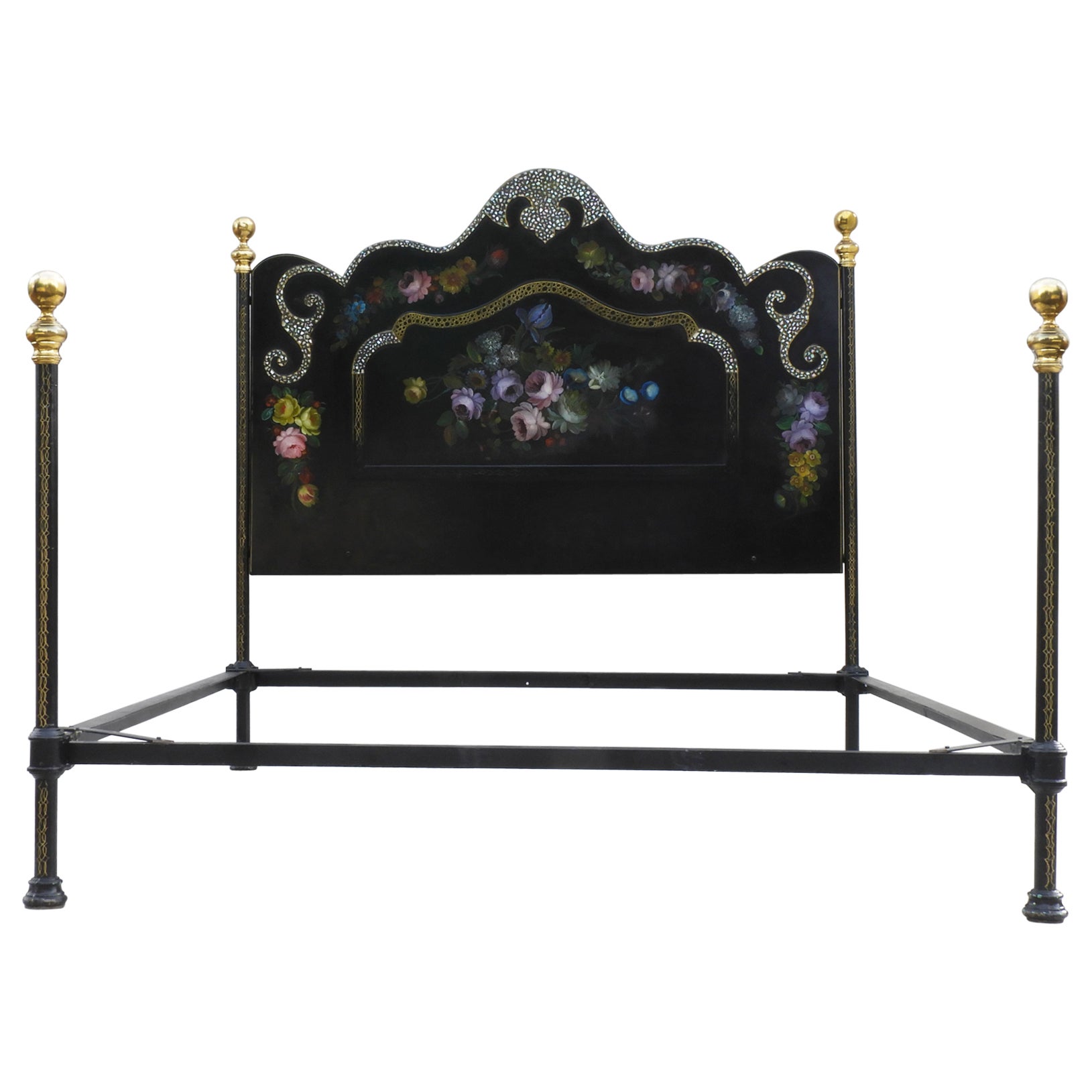 Napoleon III Bed with Hand Painted Florals and Mother of Pearl Detailing