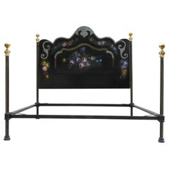 Antique Napoleon III Bed with Hand Painted Florals and Mother of Pearl Detailing