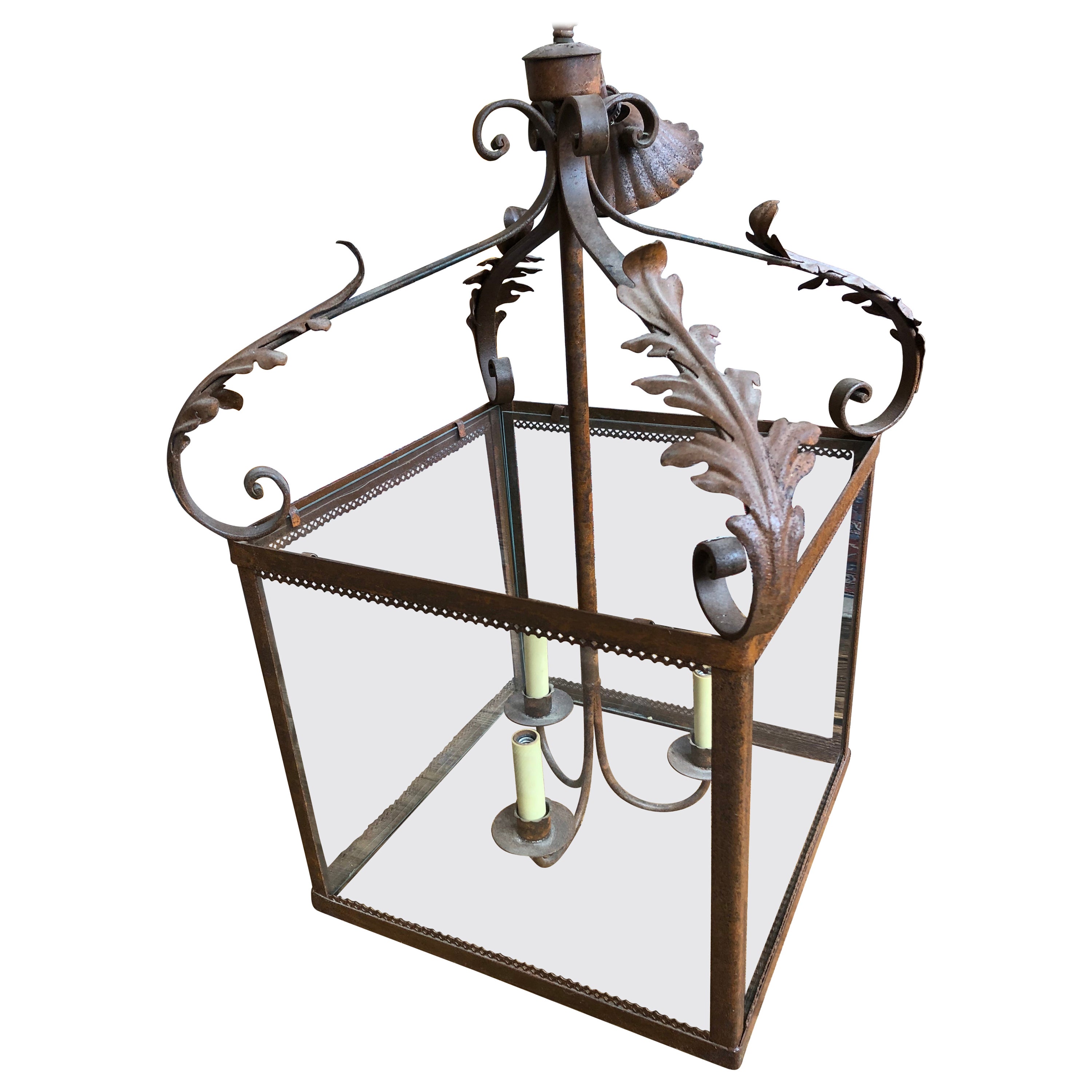 Great Looking Rust Colored Iron & Glass Square Lantern with Acanthus Leaves For Sale