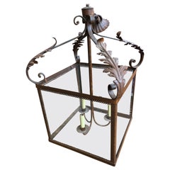 Great Looking Rust Colored Iron & Glass Square Lantern with Acanthus Leaves