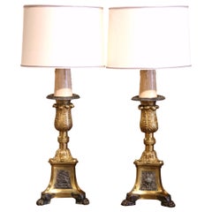 Pair of 19th Century French Two-Tone Brass Candlesticks Table Lamps with Shades