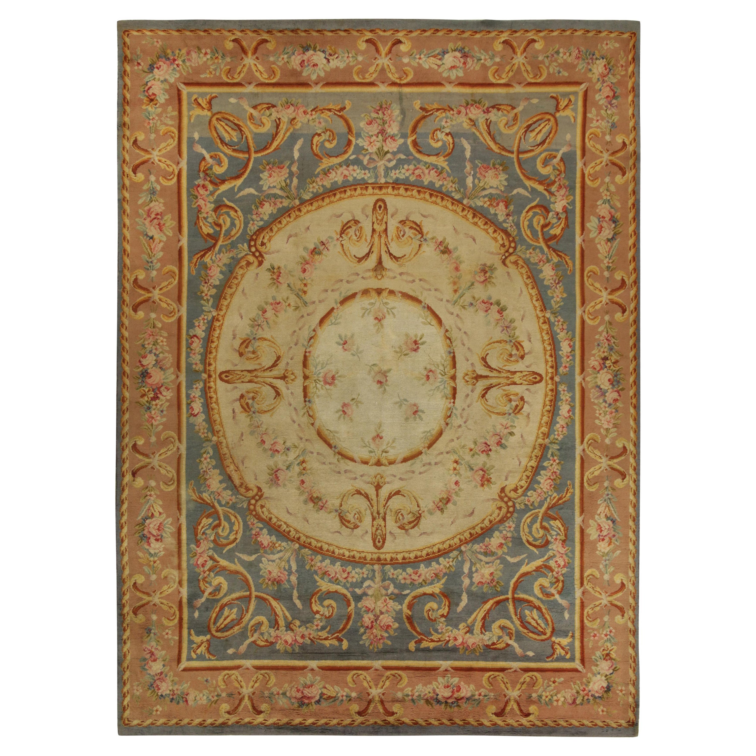 Antique Savonnerie Rug with Cream Medallion and Floral Patterns, by Rug & Kilim