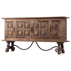 Brutalist Solid Elm and Wrought Iron Sideboard, Spanish Colonial, 1940s