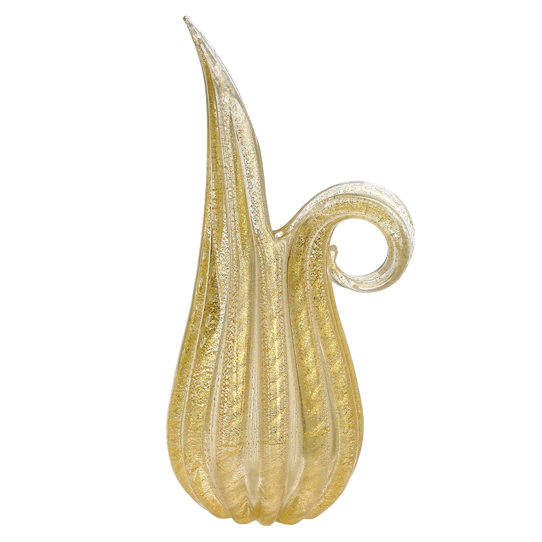 Barovier Toso Murano Gold Flecks Italian Art Glass Ribbed Pitcher Flower Vase