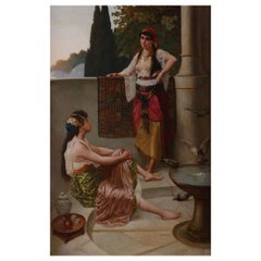 Antique Fine Orientalist Painting of Two Women in a Harem by Stiepevich