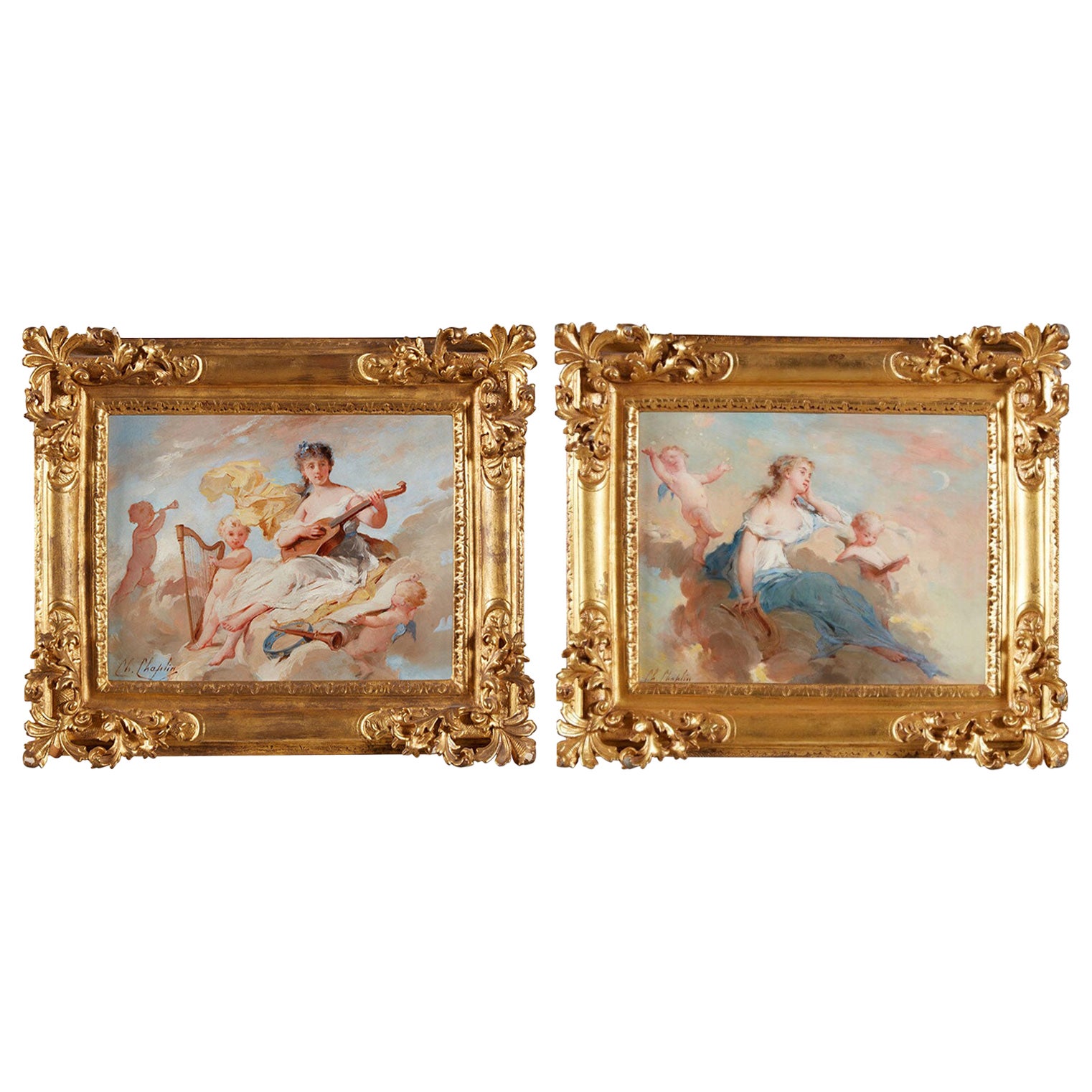 A fine pair of Allegorical paintings of Poetry and Music by Charles Chaplin

Title: Allegory of Poetry and Music
Artist: Charles Chaplin (1825-1891)
Date: 19th Century
Medium: Oil on panel
Signature: Signed ‘Ch. Chaplin’ L/L
Dimension: panel:
