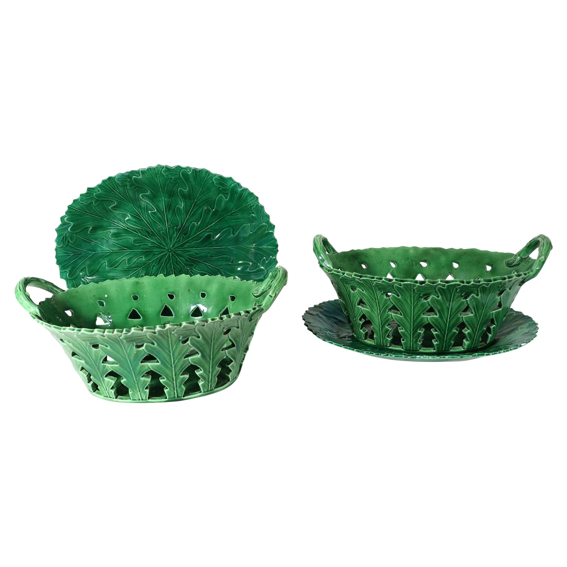18th-Century Green Glaze Oak Leaf Pottery Baskets & Stands