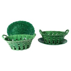 18th-Century Green Glaze Oak Leaf Pottery Baskets & Stands